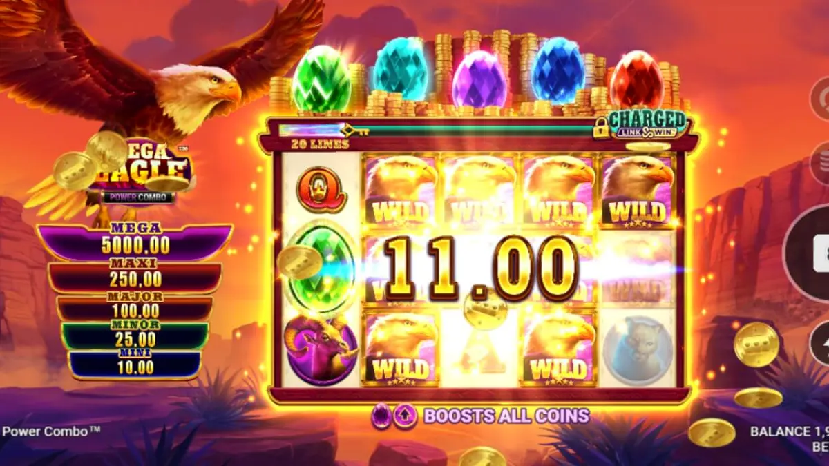 Cenário de montanhas selvagens com uma águia majestosa no slot Mega Eagle Power Combo
